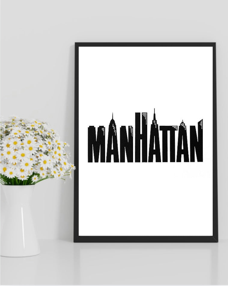 Manhattan Word Wall Art – Black Text Minimalist Framed Poster